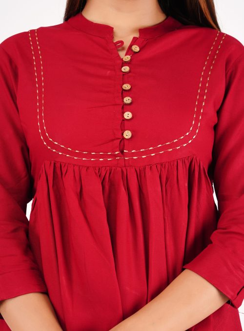 Red Cotton Anarkali Gown with Golden Print (Single Piece)